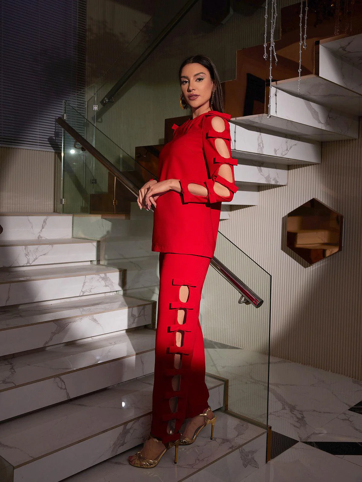 Sunni Long Sleeve Bow Cutout Pants Set - Image 3