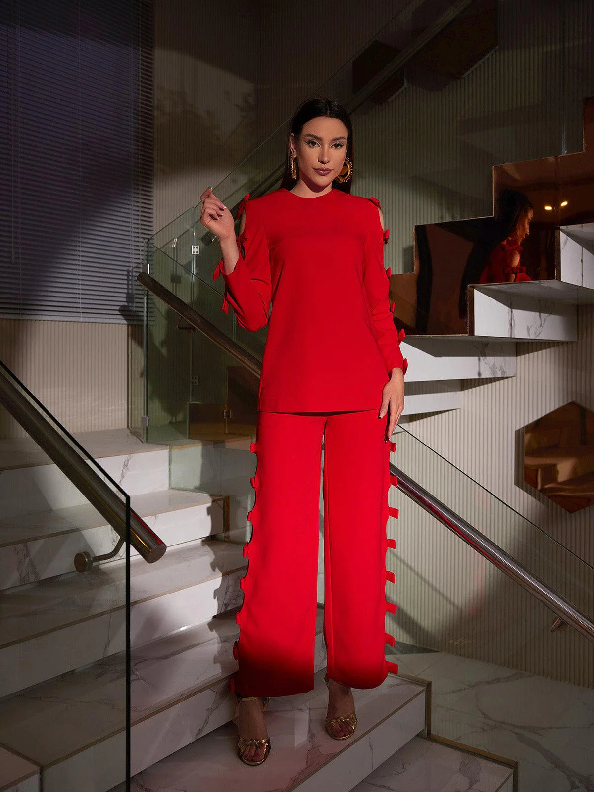 Sunni Long Sleeve Bow Cutout Pants Set - Image 4