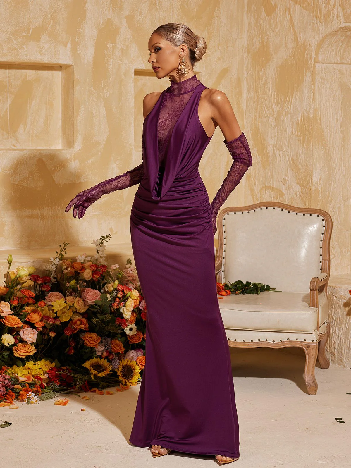 Tenley Halterneck Lace Maxi Dress With Gloves - Image 5