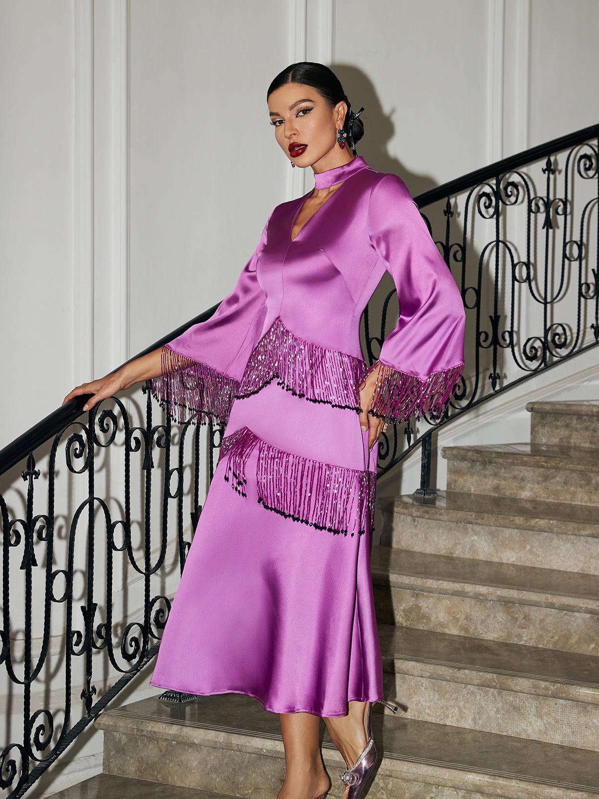 Thandie Glitter Fringe Satin Dress - Image 3