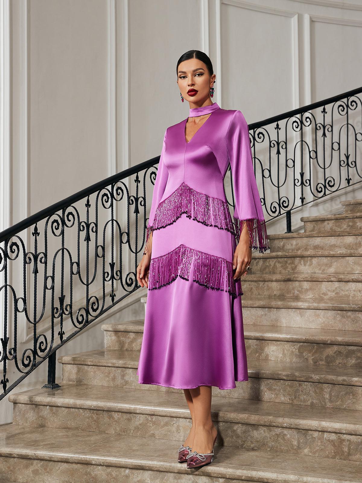 Thandie Glitter Fringe Satin Dress - Image 4