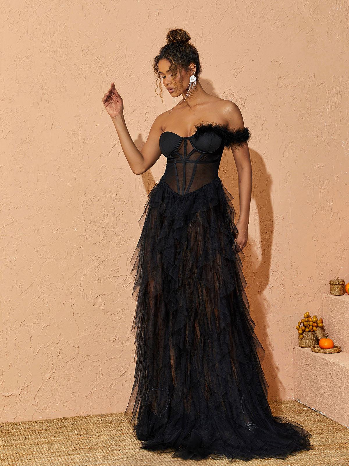 Titania One Shoulder Tulle Maxi Dress In Black - Image 4