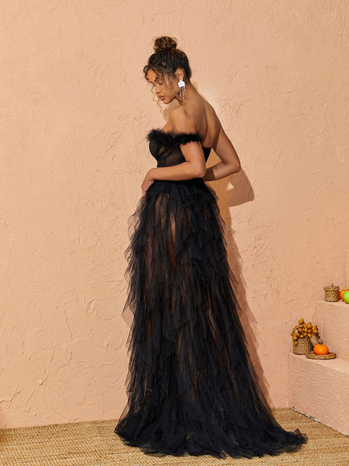 Titania One Shoulder Tulle Maxi Dress In Black - Image 6