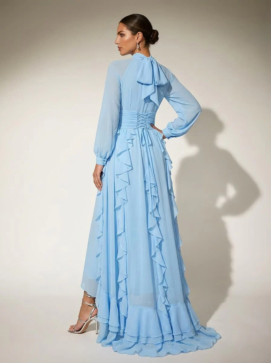 Topologon High Neck Lace Up Ruffle Maxi Dress - Image 3