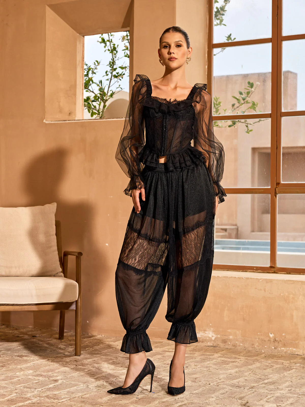 Torevyn Lace Mesh Ruffle Pants Set - Image 4