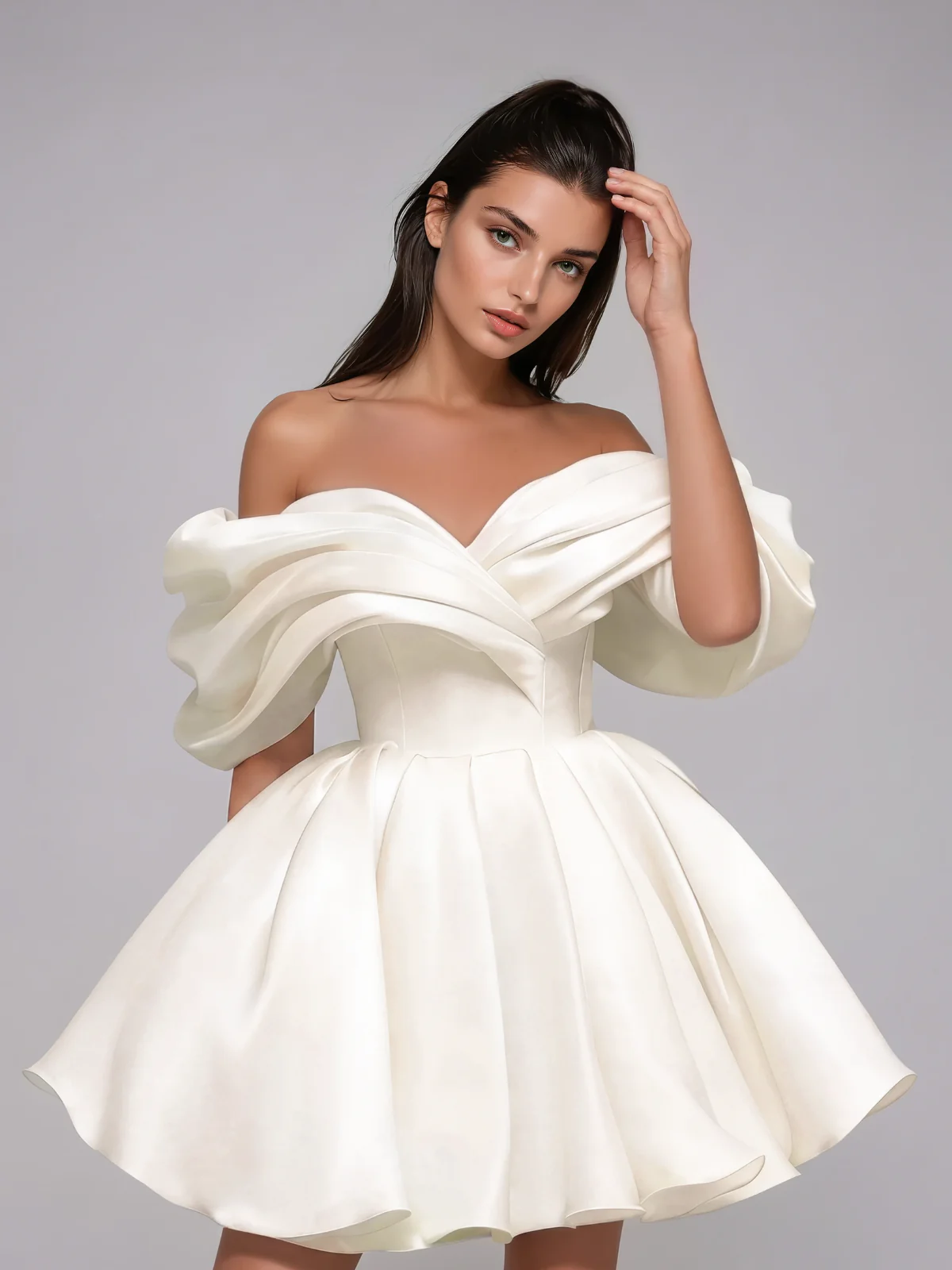 Torex Off Shoulder Ruched Flared Mini Dress In White - Image 2