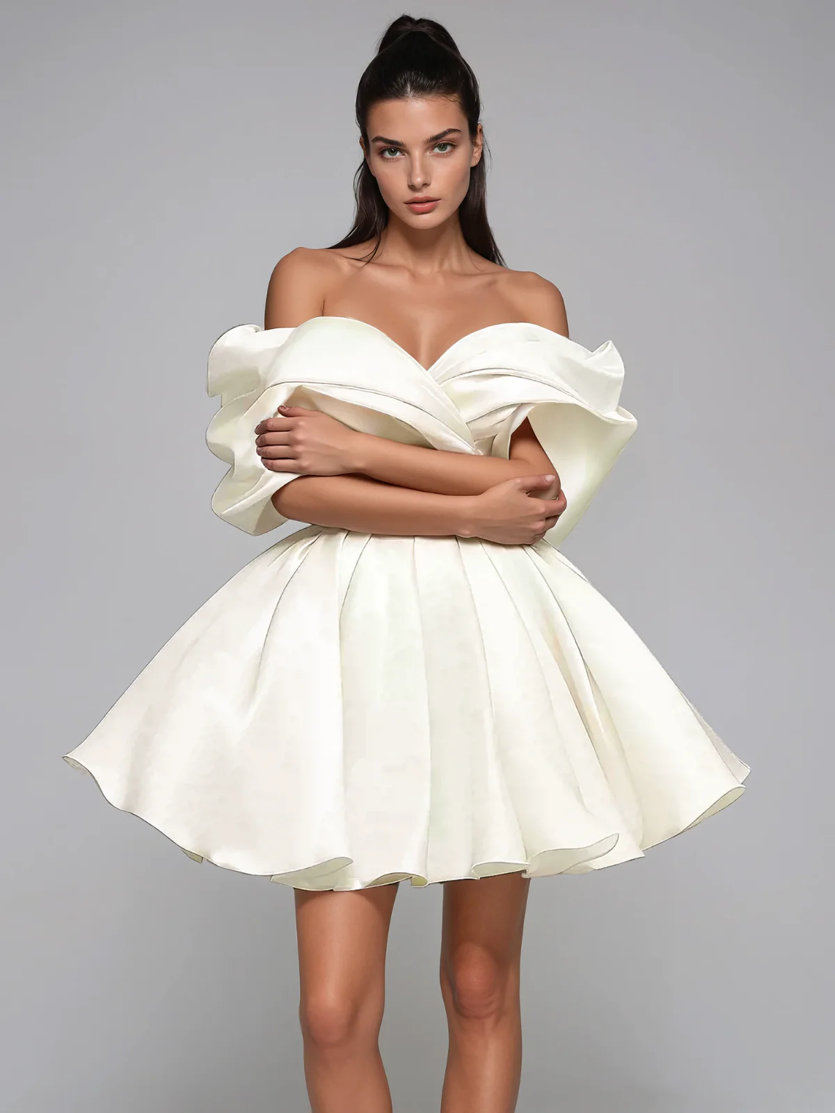 Torex Off Shoulder Ruched Flared Mini Dress In White - Image 3