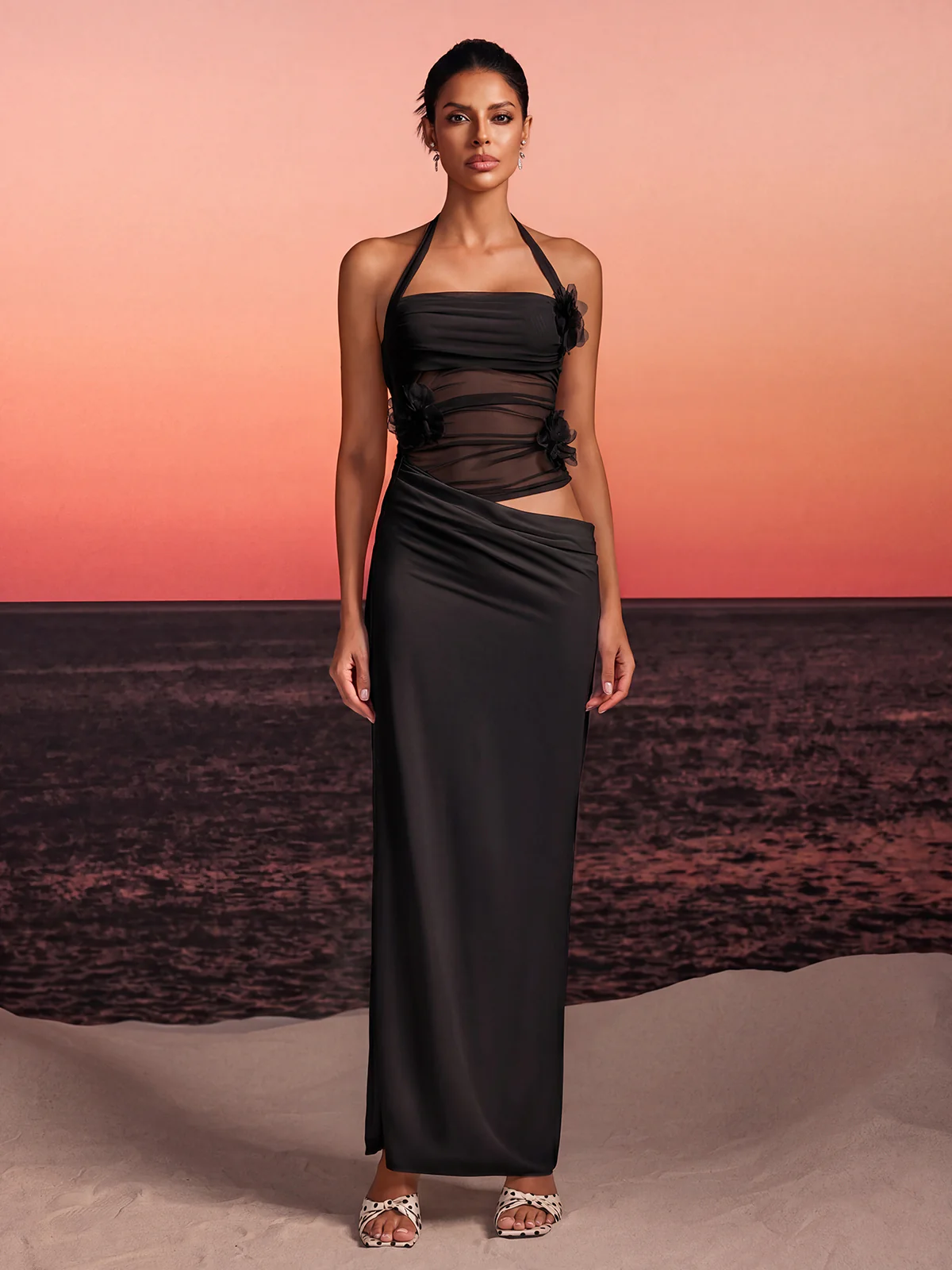 Torinex Halterneck Flower Maxi Dress In Black