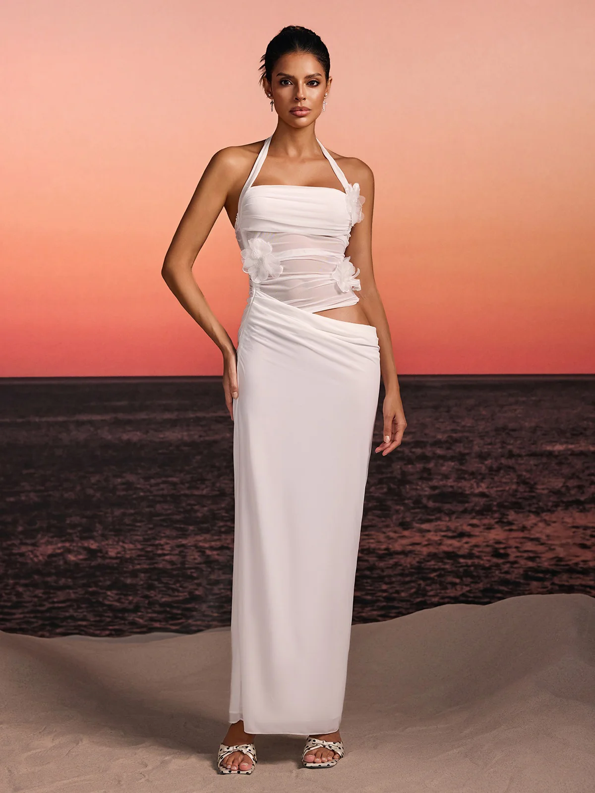 Torinex Halterneck Flower Maxi Dress In White