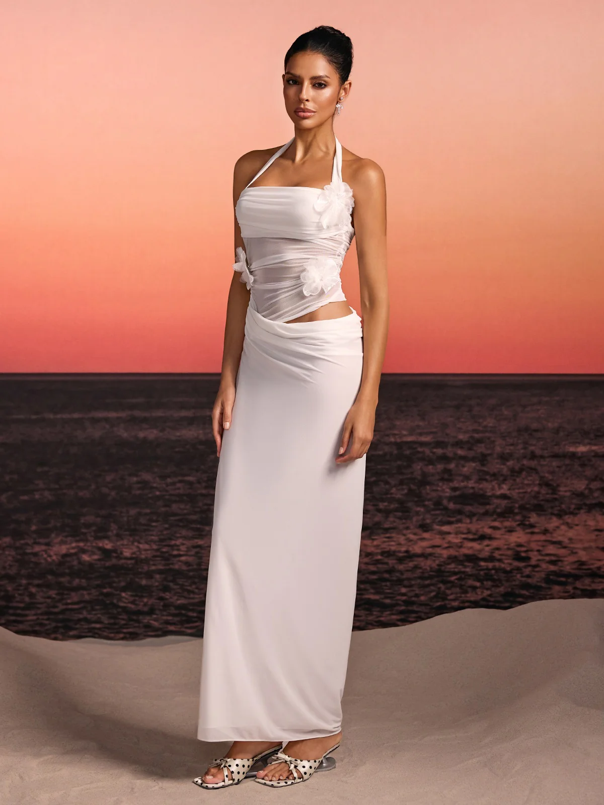 Torinex Halterneck Flower Maxi Dress In White - Image 4