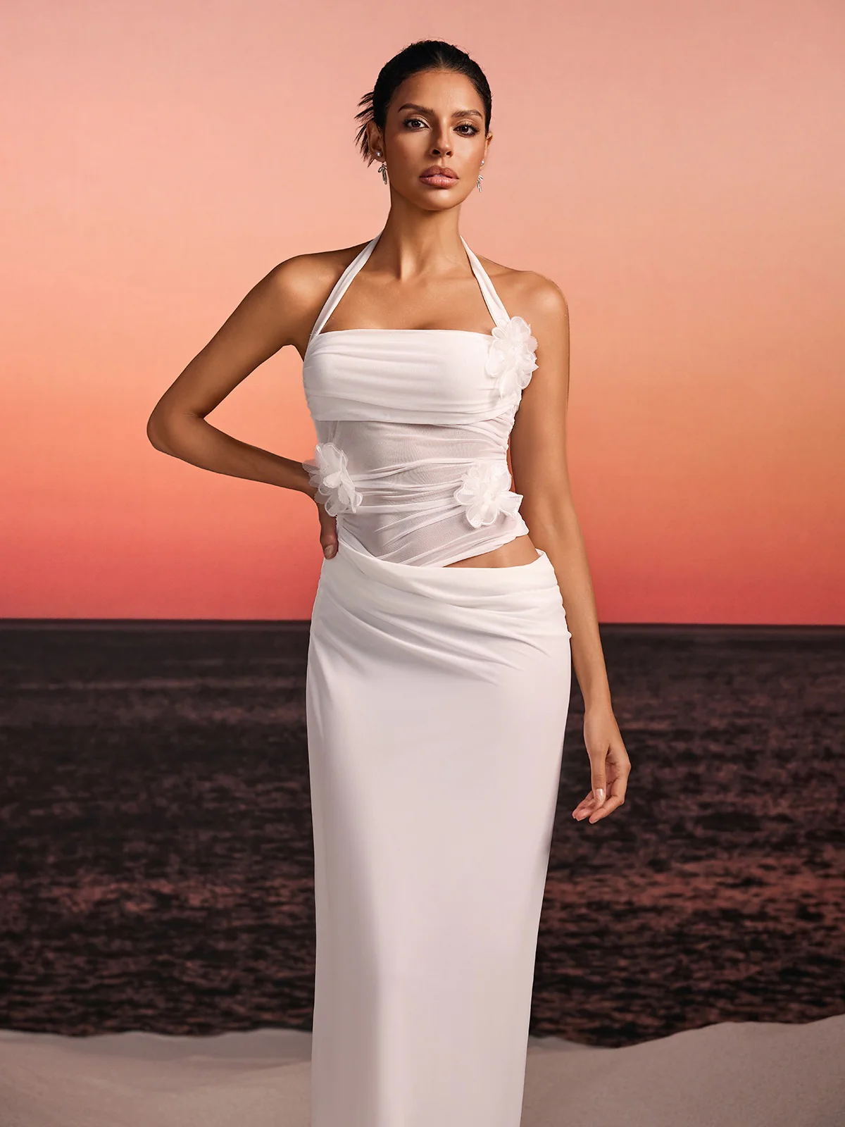 Torinex Halterneck Flower Maxi Dress In White - Image 5