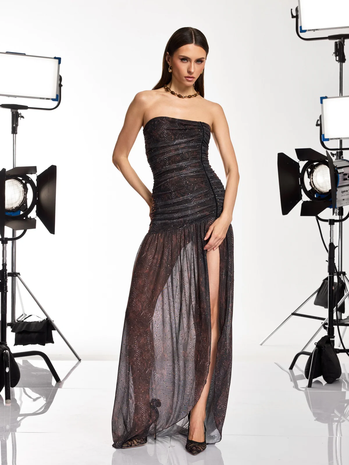Ulithar Strapless Ruched Snake Split Maxi Dress - Image 2
