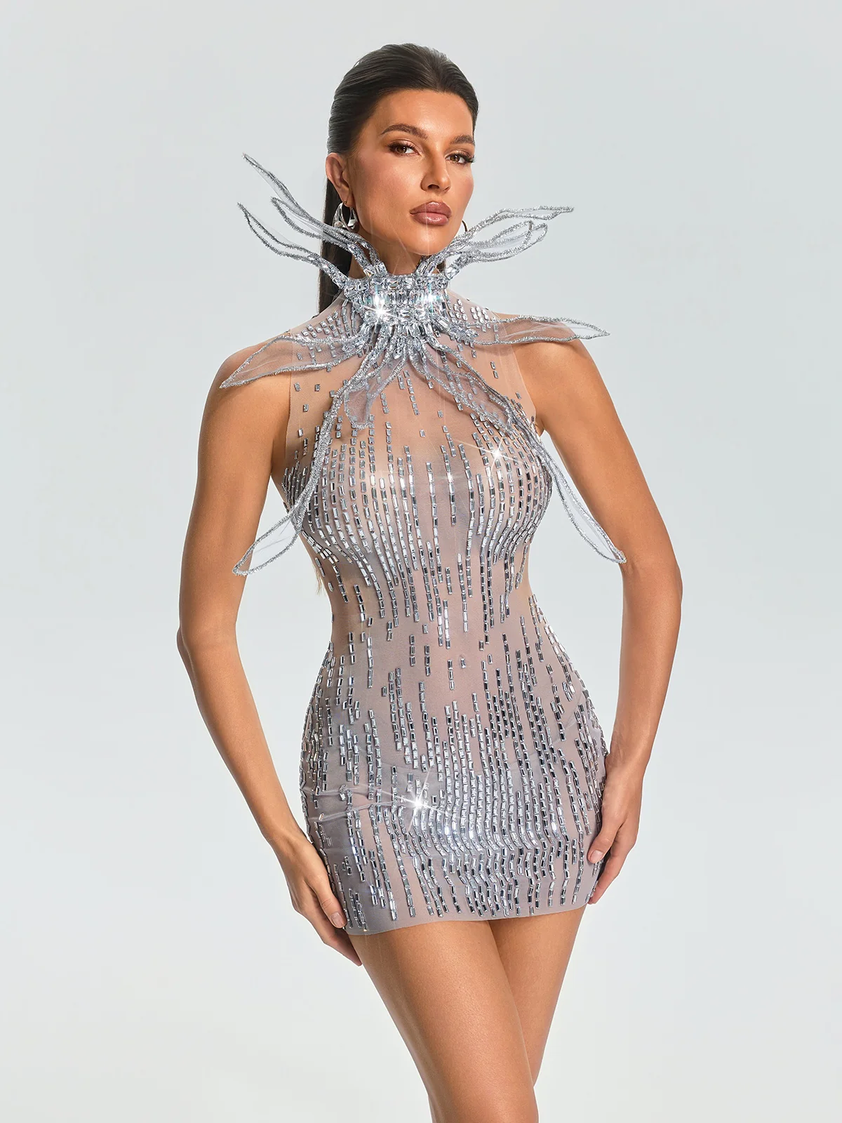 Ulverion High Neck Crystal Butterfly Mini Dress - Image 2