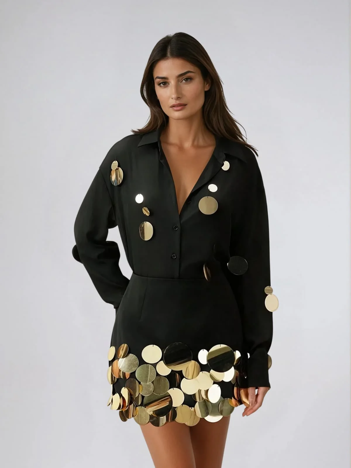 Uthara V Neck Sequin Skirt Set In Black