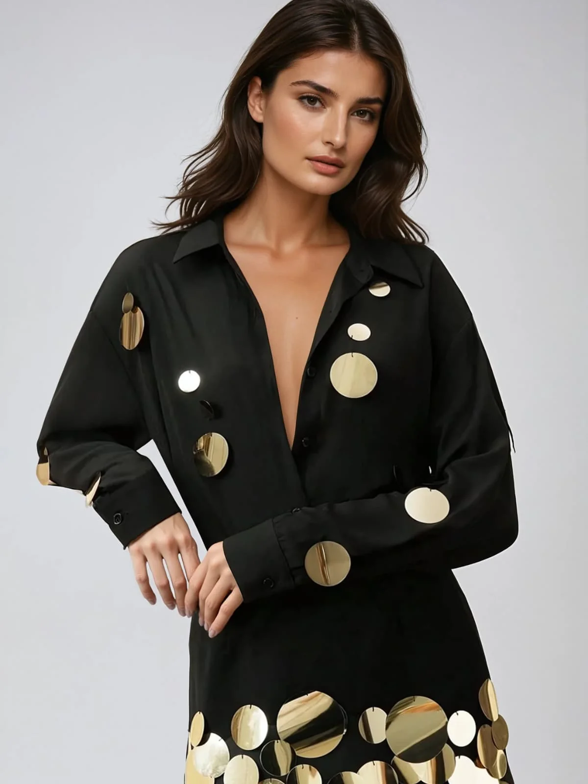 Uthara V Neck Sequin Skirt Set In Black - Image 2