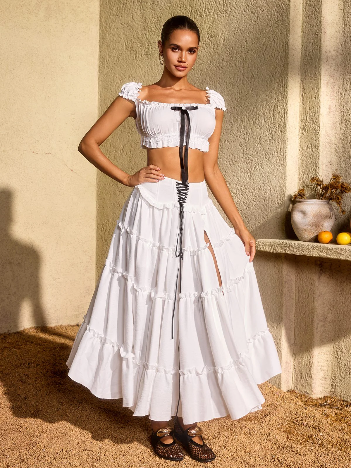Uvenlor Lace Up Split Skirt Set - Image 2