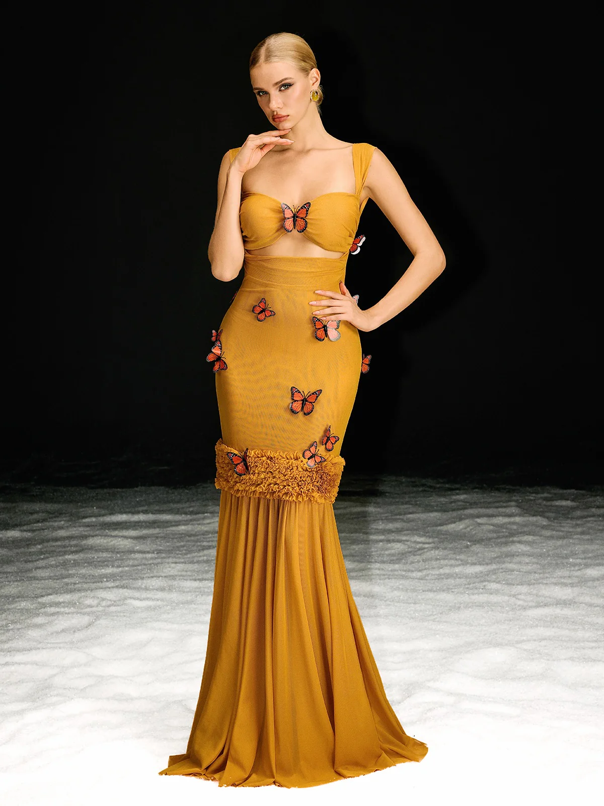 Uzgoth Cutout Butterfly Mesh Maxi Dress