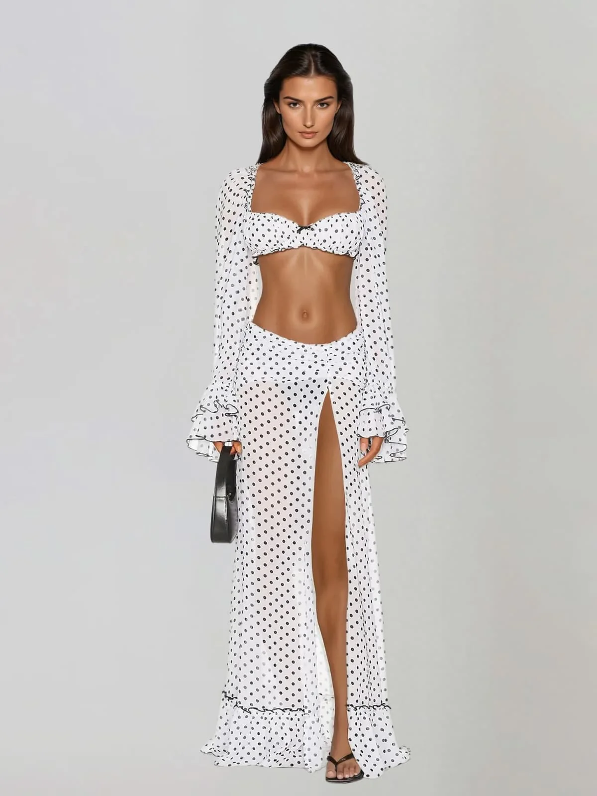 Velqis Ruffle Sleeve Dot Split Skirt Set