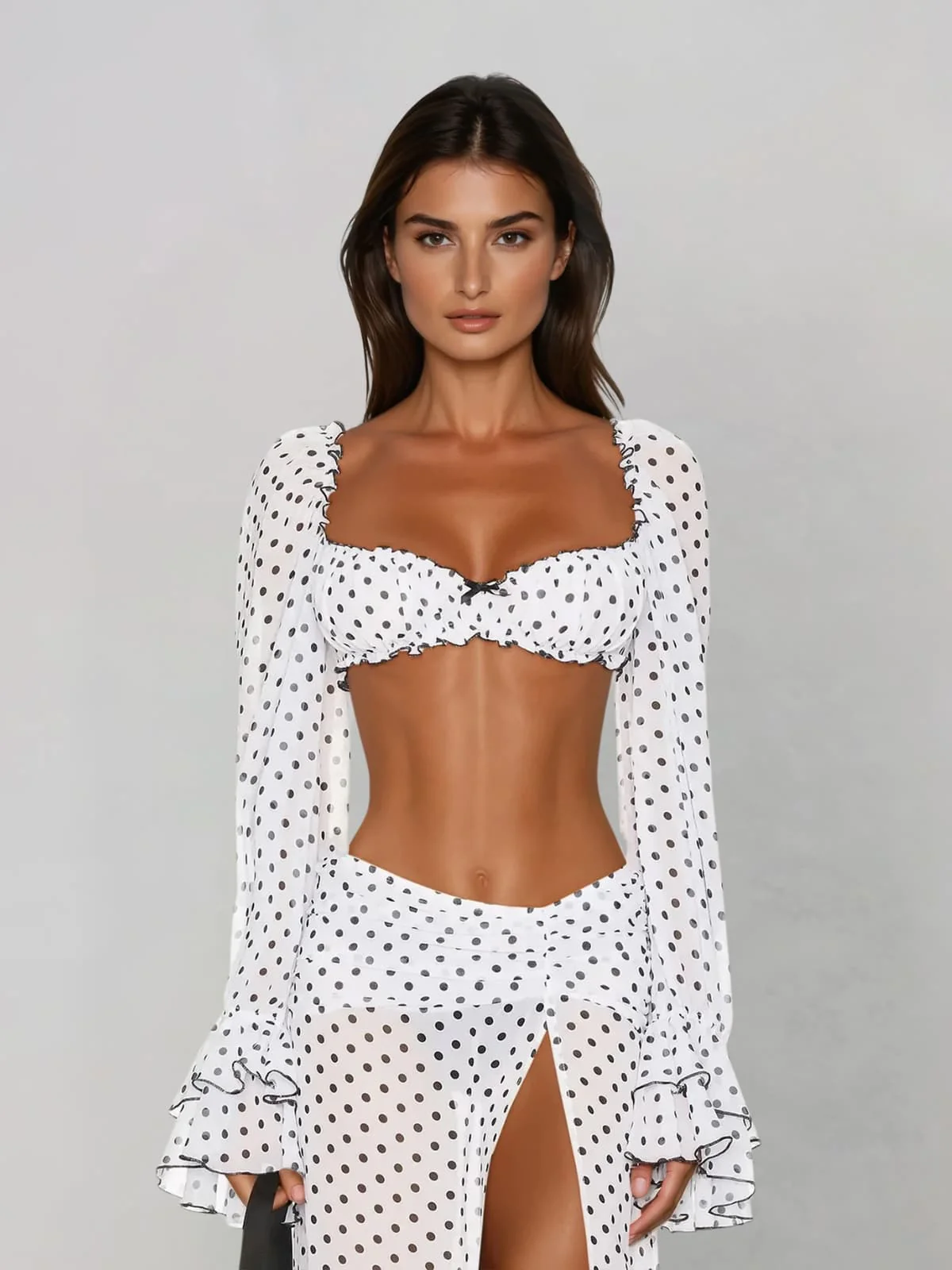 Velqis Ruffle Sleeve Dot Split Skirt Set - Image 2