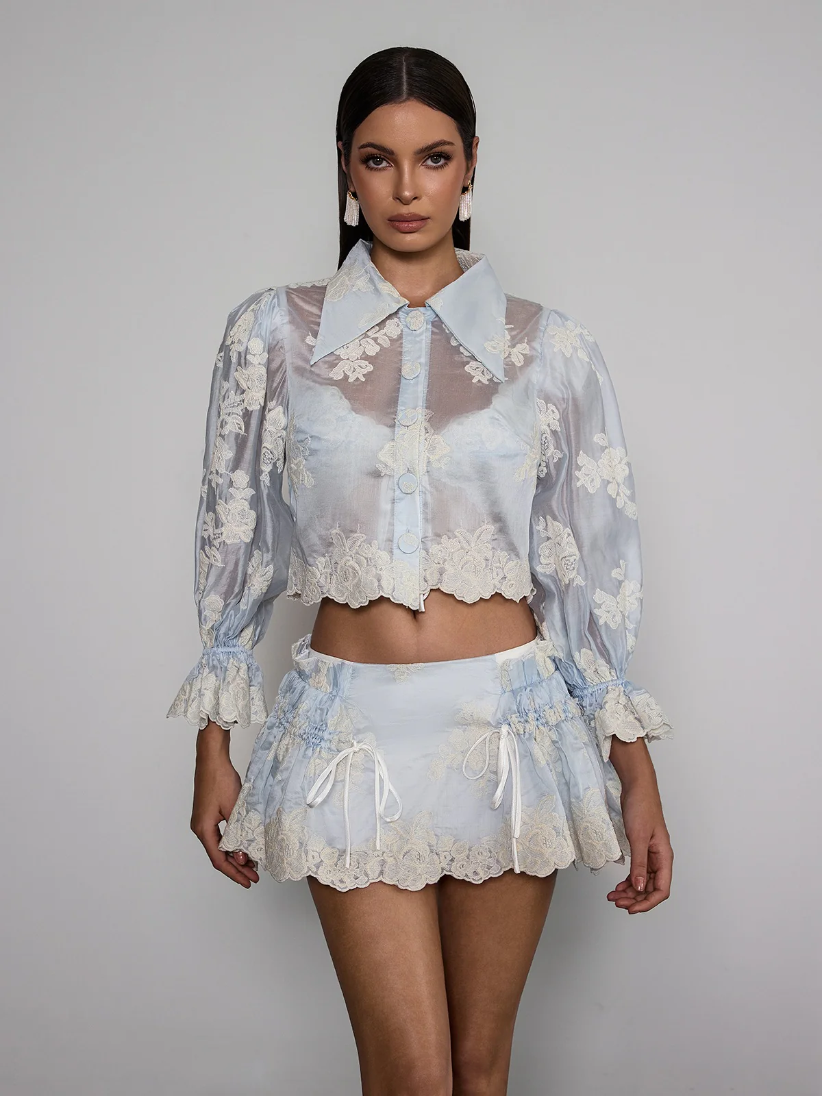 Velyxyn Balloon Sleeve Floral Embroidered Skirt Set - Image 5
