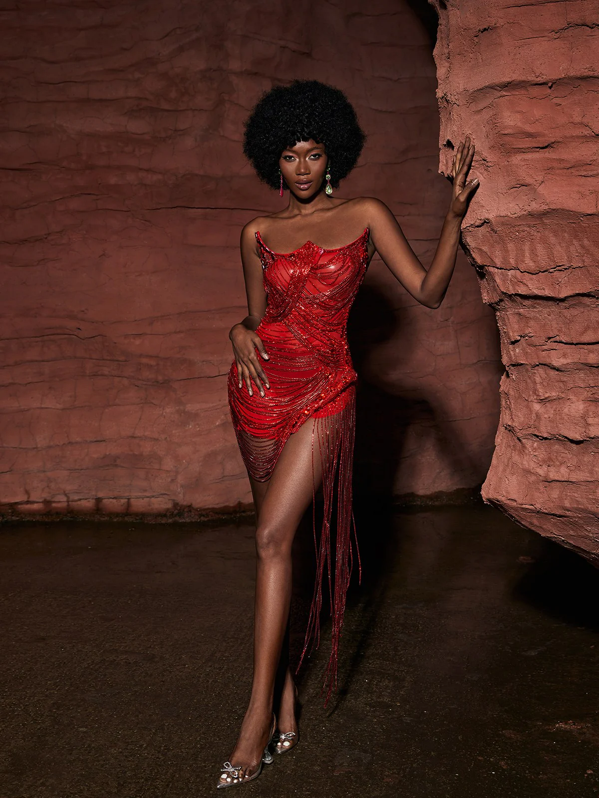 Verona Embellished Diamond Chain Dress In Red - Image 3