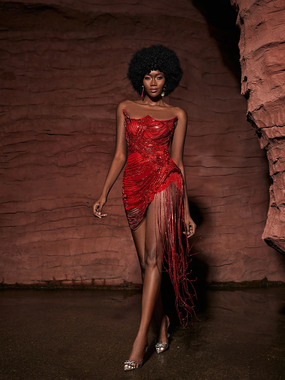 Verona Embellished Diamond Chain Dress In Red - Image 4