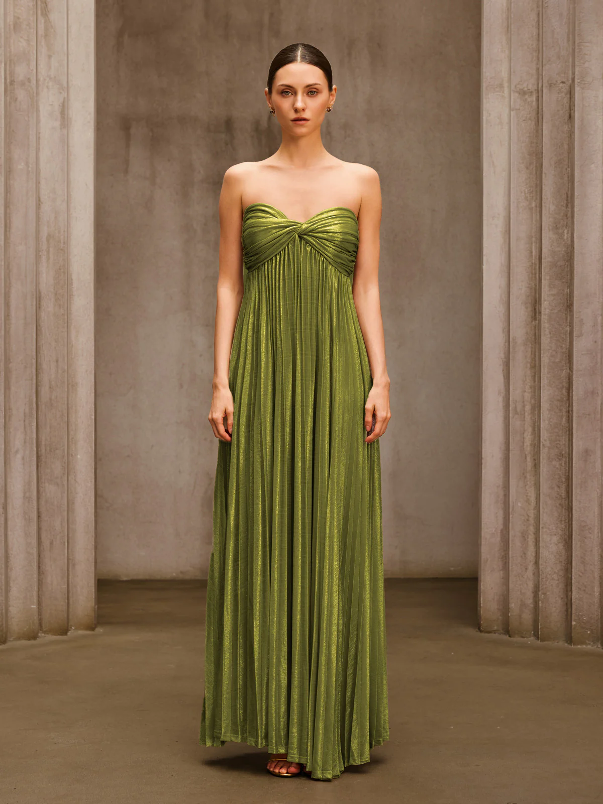 Voidsphere Strapless Pleated Metallic Maxi Dress In Olive - Image 2