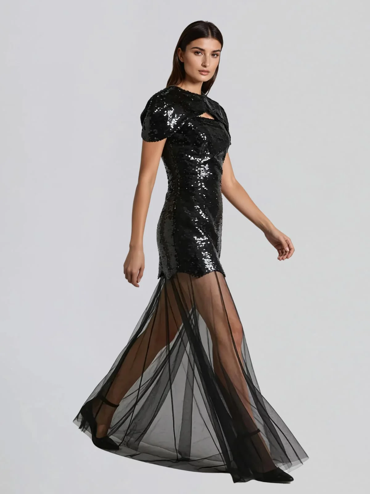 Vorynth Cape Sequin Mesh Maxi Dress - Image 3