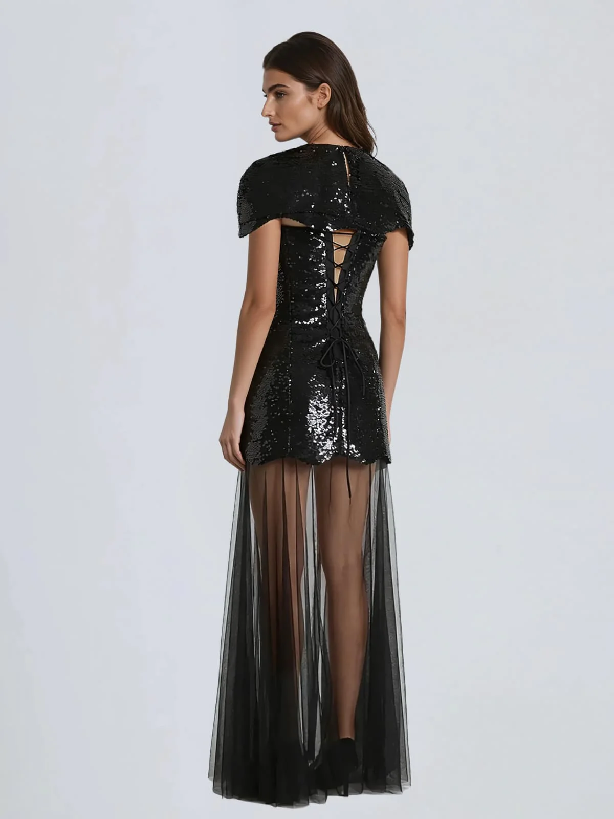 Vorynth Cape Sequin Mesh Maxi Dress - Image 4