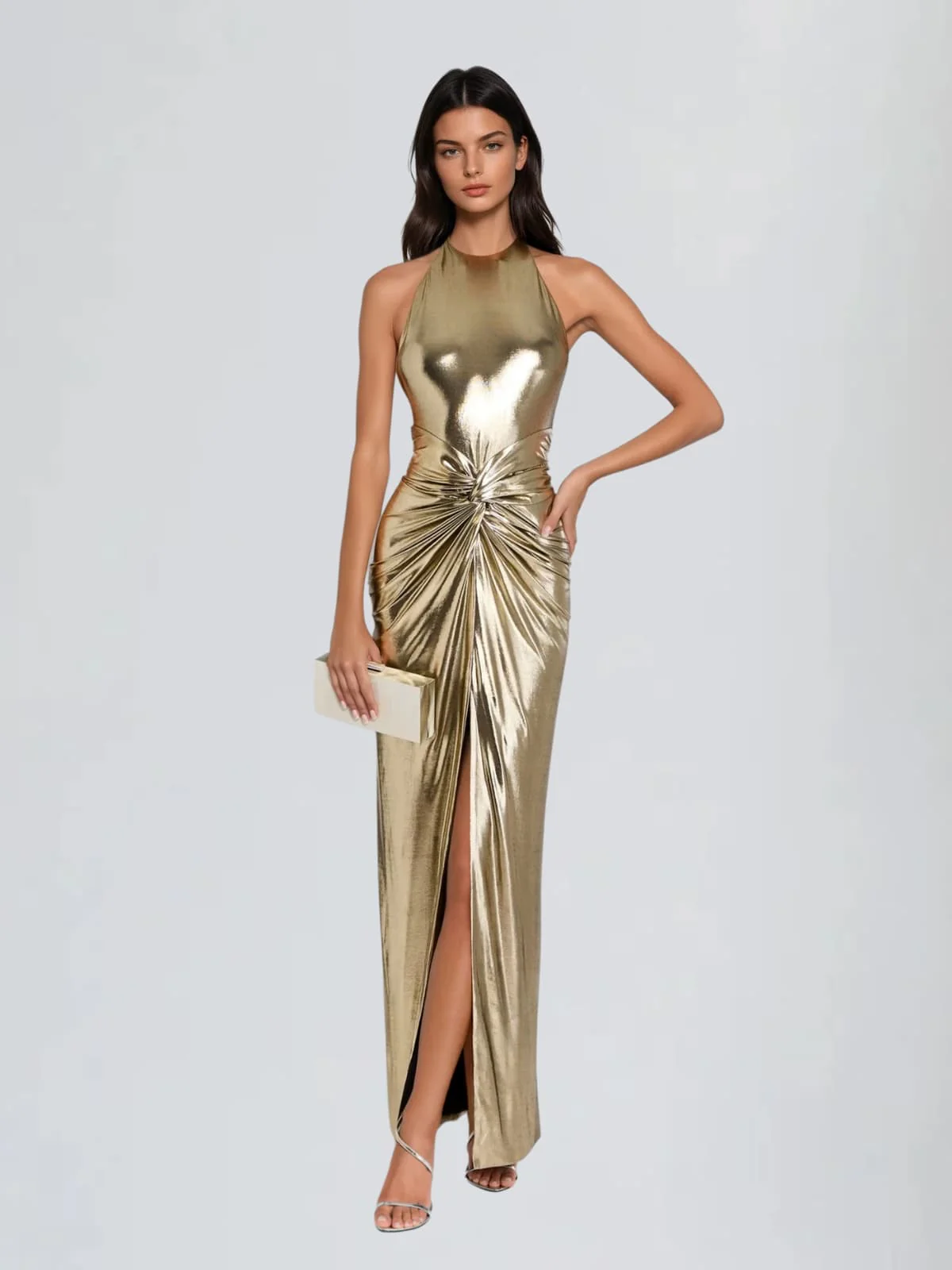 Wavelyn Backless Twisted Split Metallic Maxi Dress