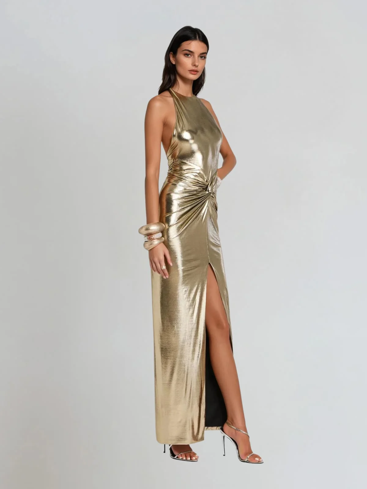 Wavelyn Backless Twisted Split Metallic Maxi Dress - Image 3