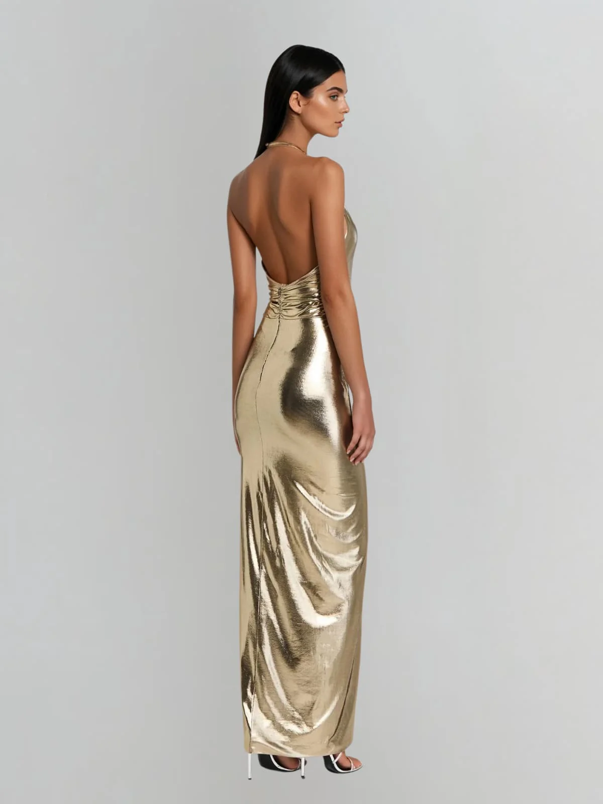 Wavelyn Backless Twisted Split Metallic Maxi Dress - Image 4