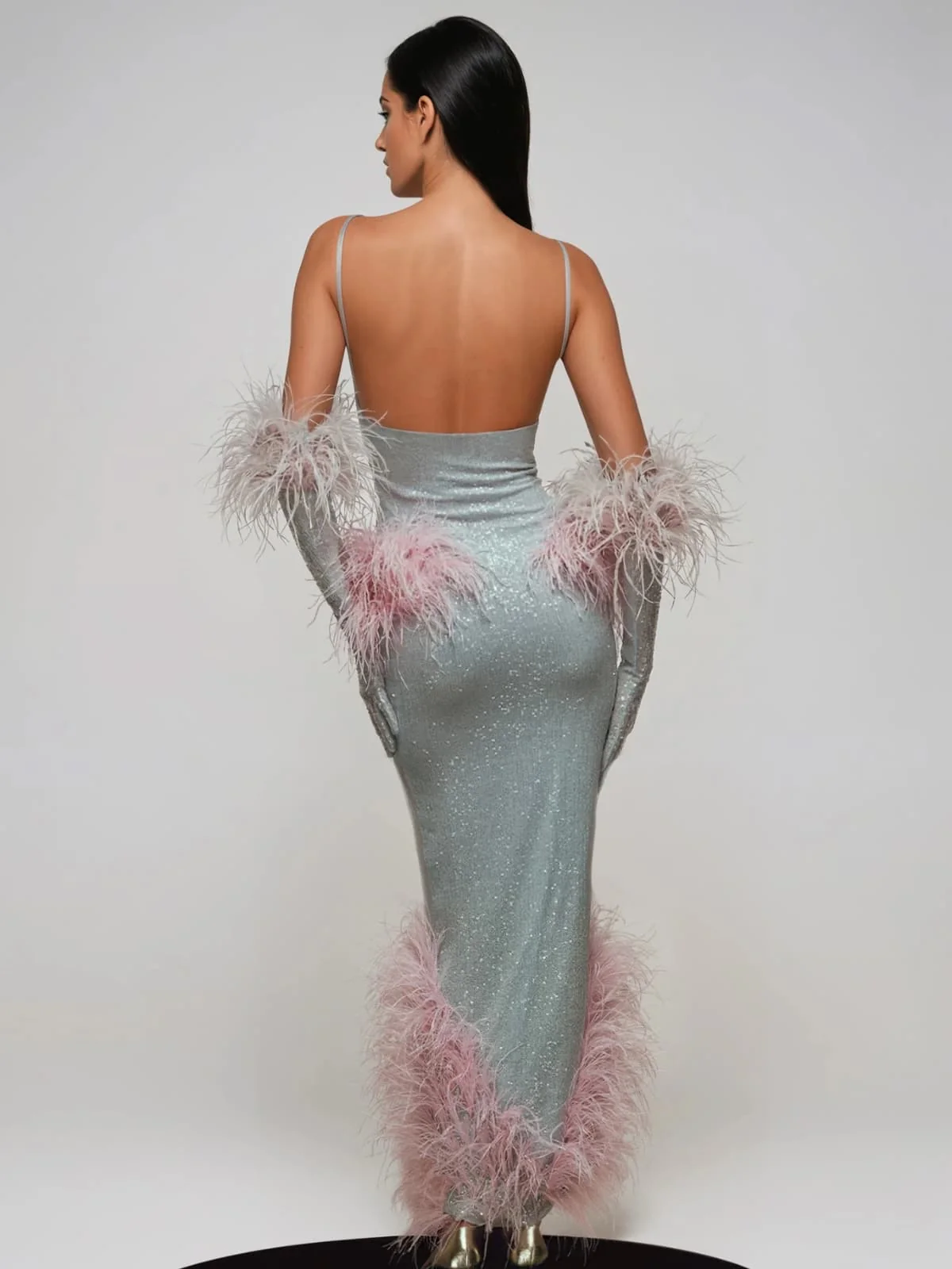 Wesnor Spaghetti Feather Sequin Maxi Dress - Image 5