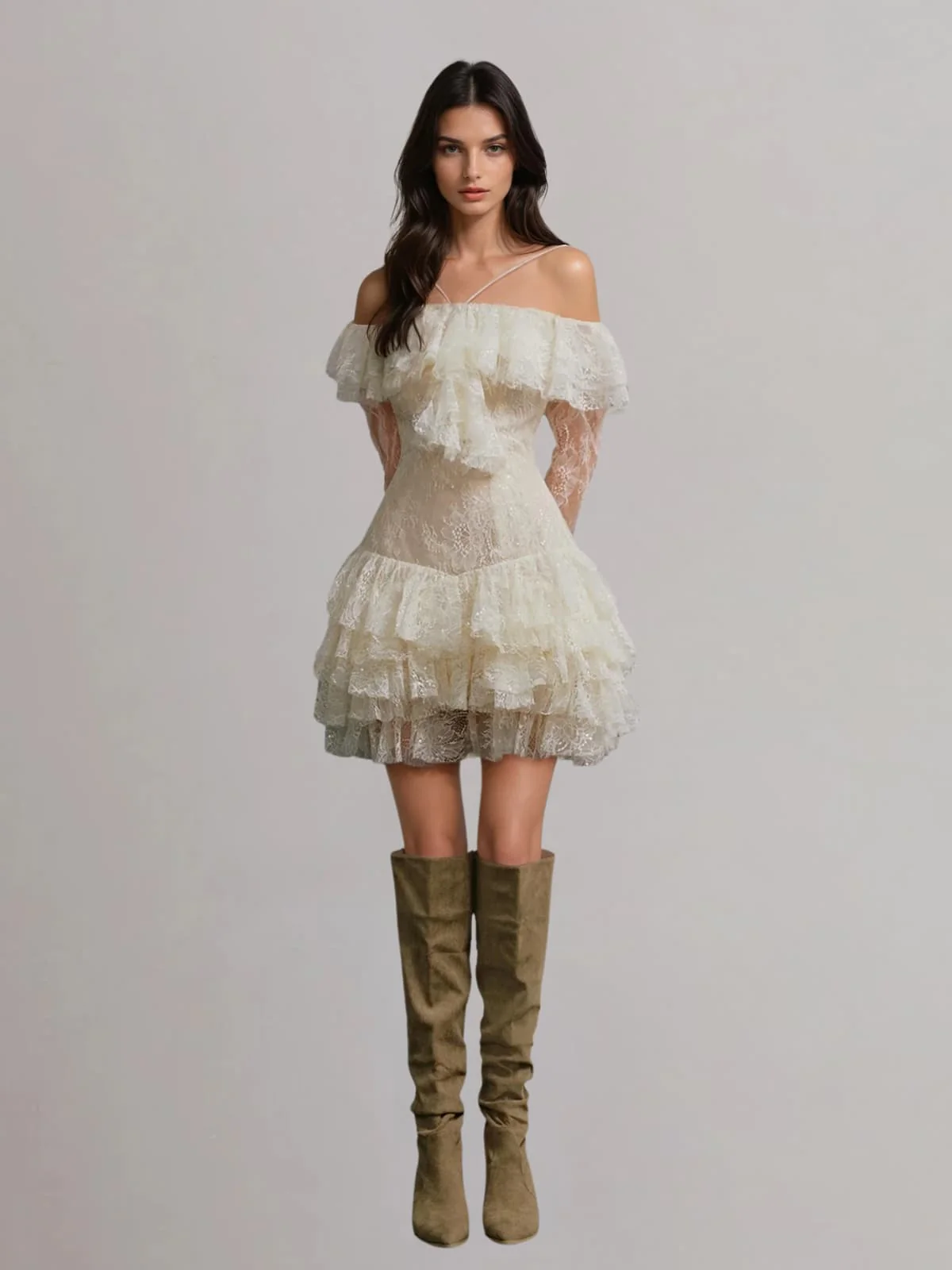 Wexvila Lace Sequin Ruffle Mini Dress