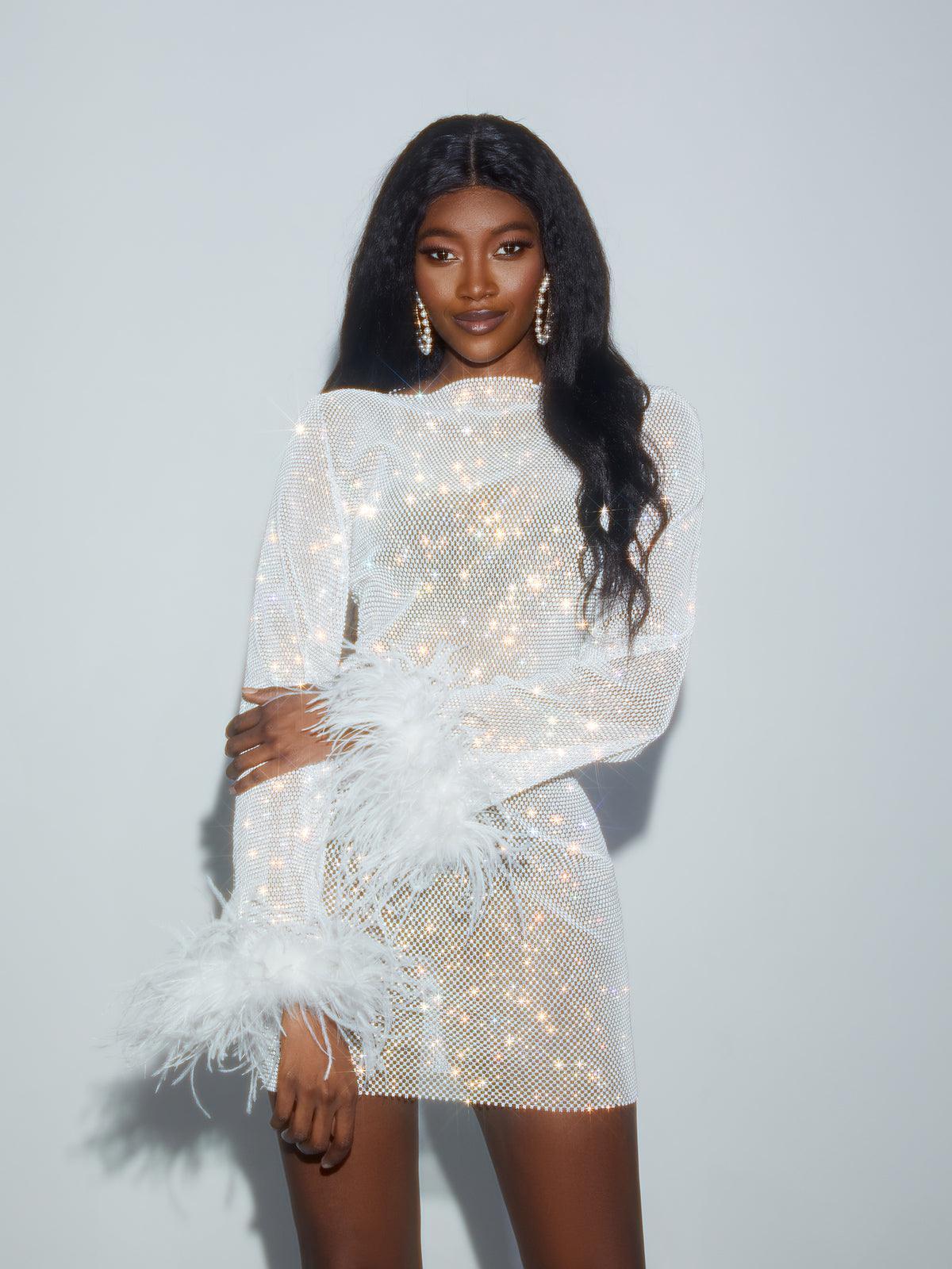 Xanthe Rhinestone Mesh Mini Dress In White - Image 6