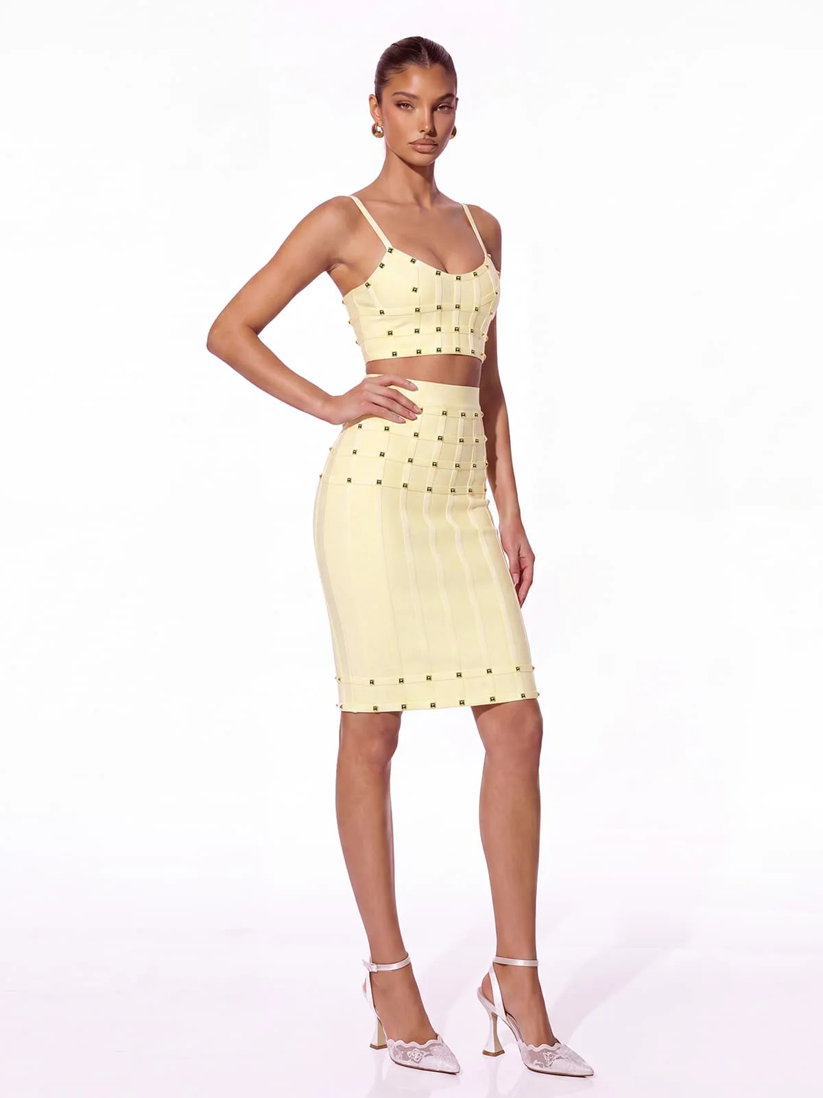 Xarina Spaghetti Bandage Skirt Set In Yellow - Image 3