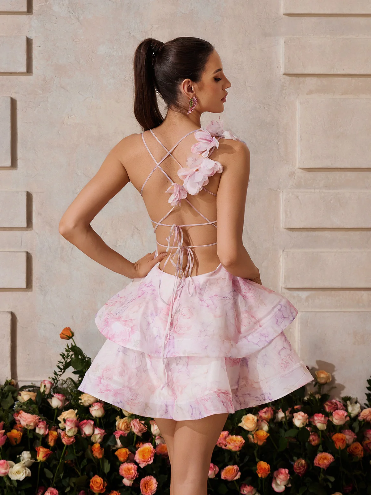 Xexis Plunge Neck Floral Tiered Mini Dress In Pink - Image 6