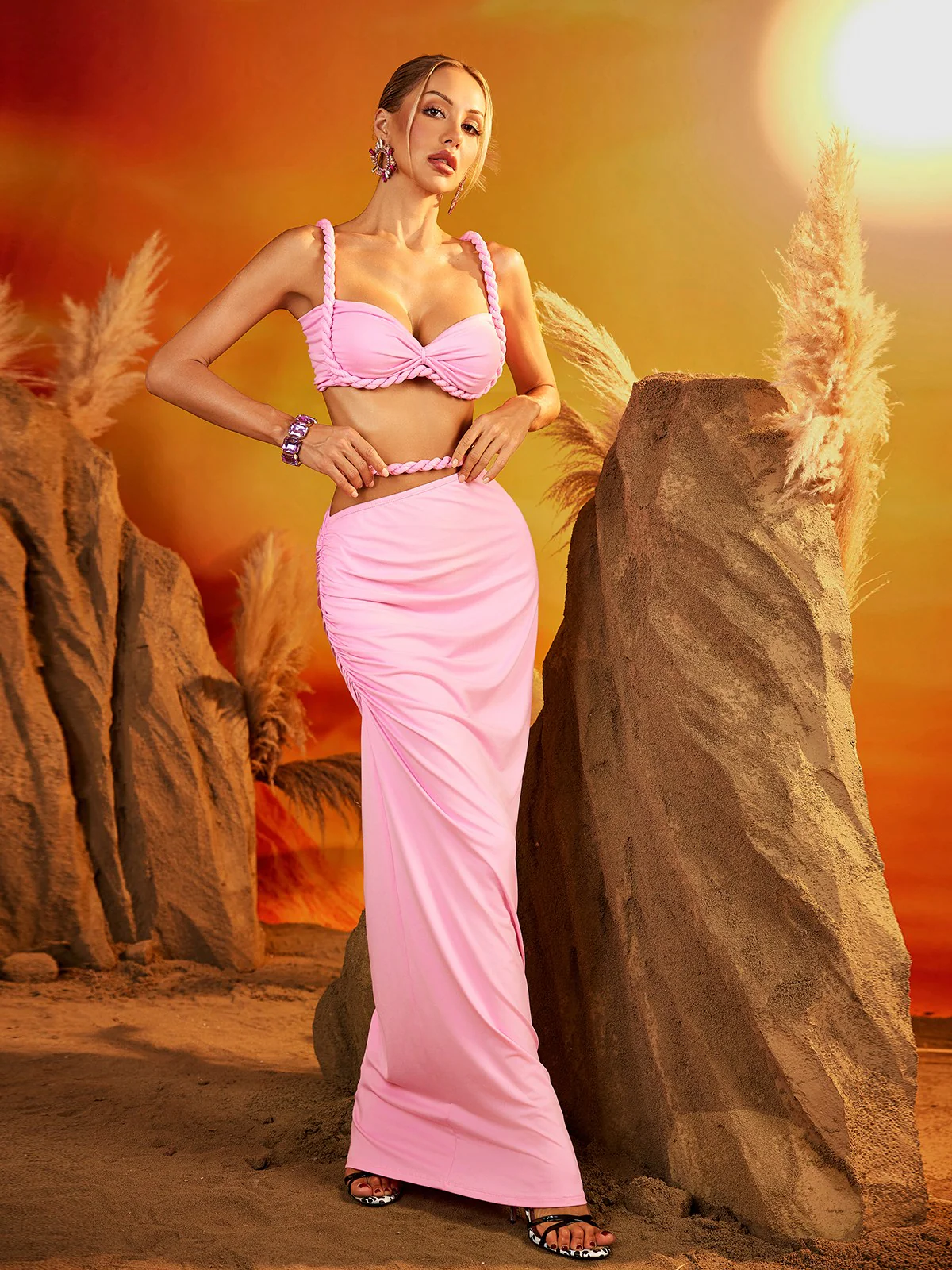 Xinia Spaghetti Ruched Skirt Set In Pink - Image 3