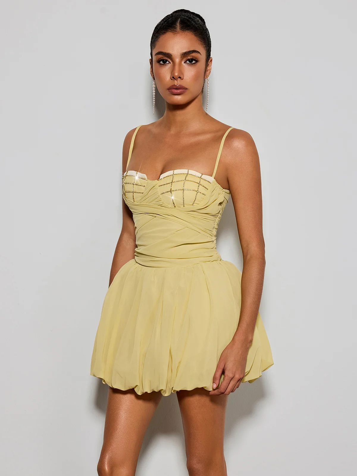 Yorandric Spaghetti Rhinestone Bubble Mini Dress - Image 4