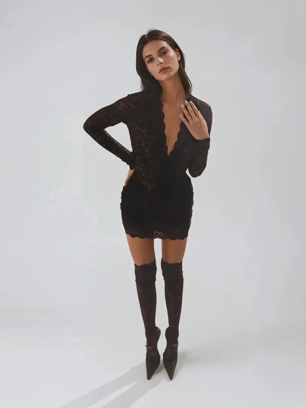 Yraevix Plunge Neck Lace Mini Dress In Black - Image 3