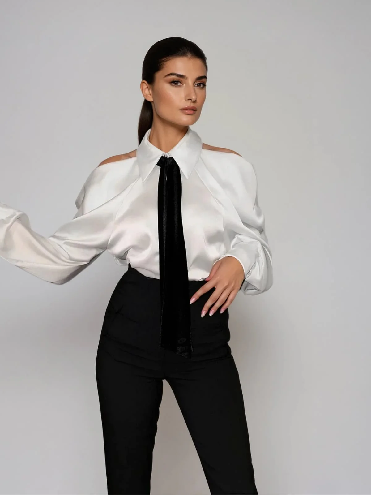 Yvara Folded Collar Tie Satin Shirt