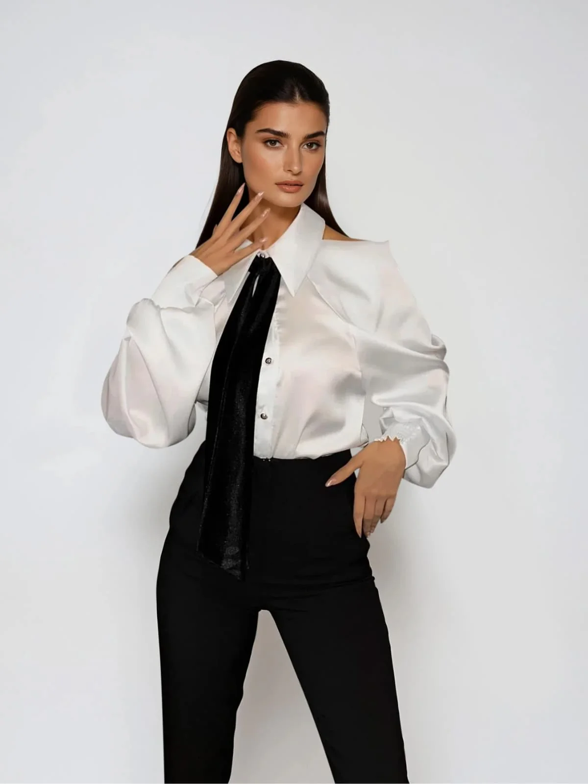 Yvara Folded Collar Tie Satin Shirt - Image 2