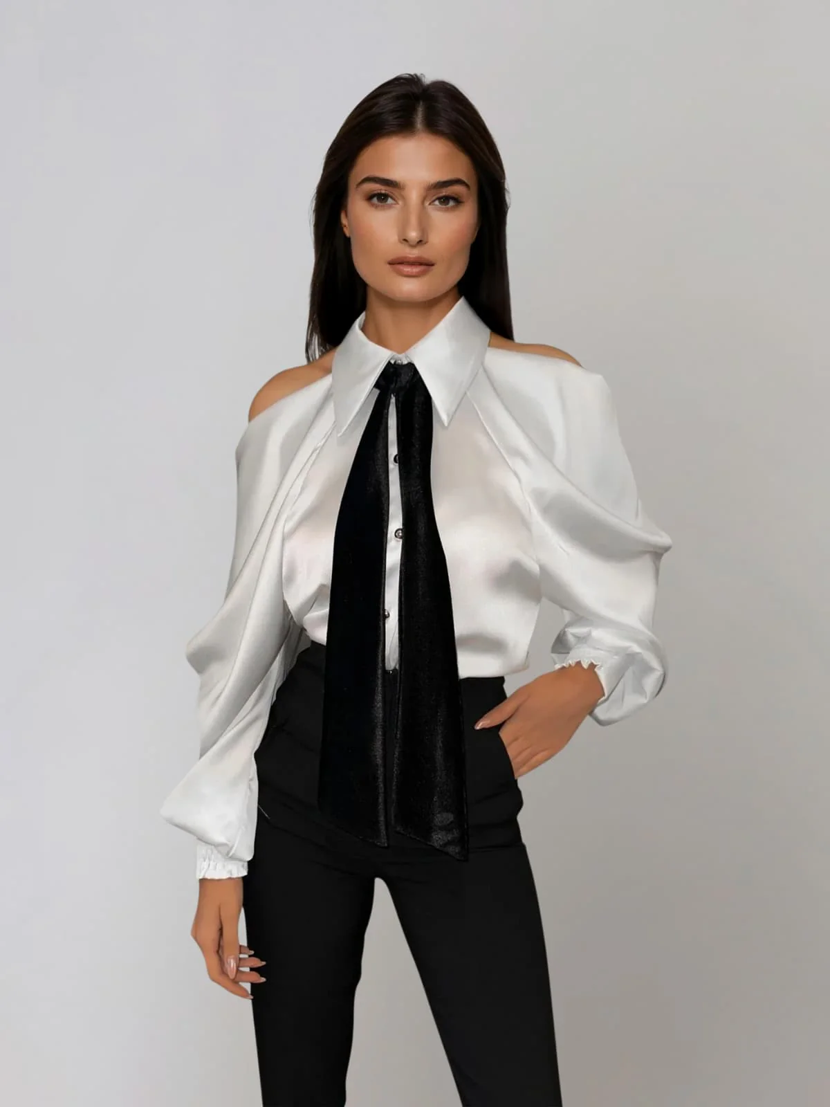 Yvara Folded Collar Tie Satin Shirt - Image 3