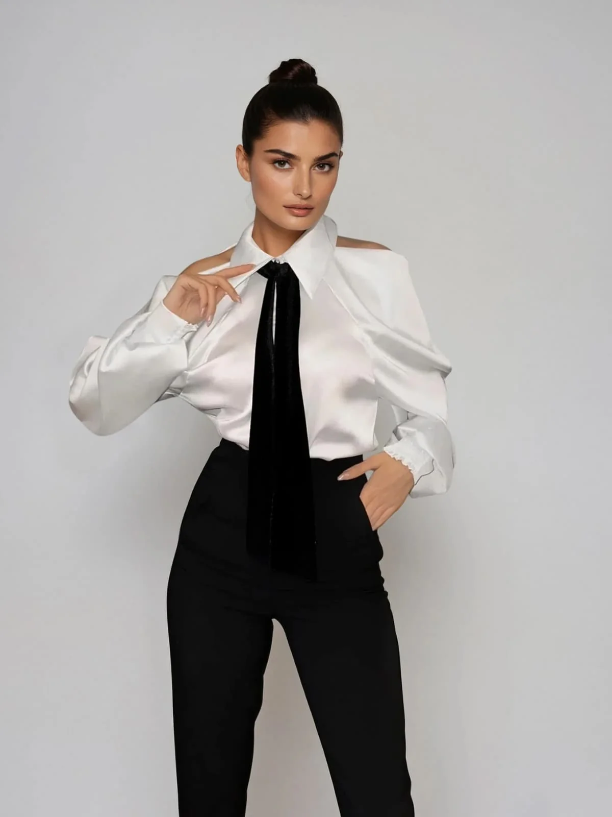 Yvara Folded Collar Tie Satin Shirt - Image 4