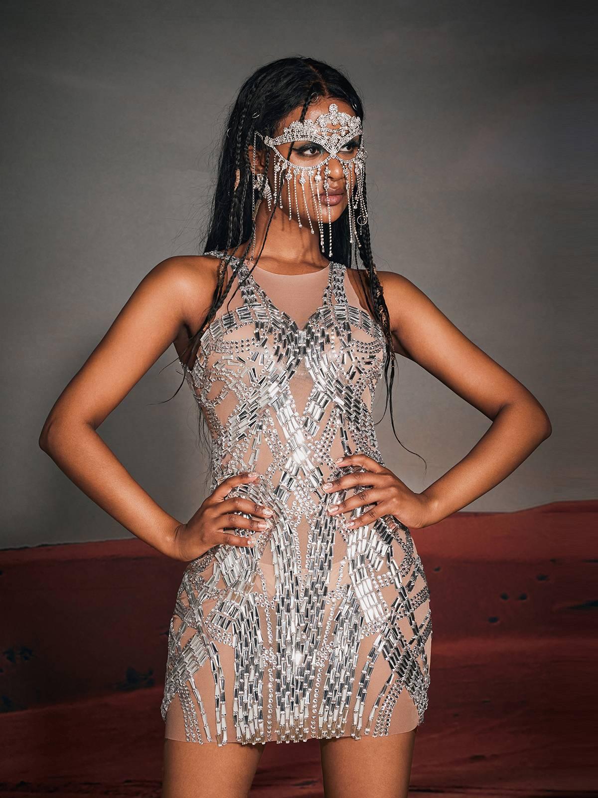 Zaiden Rhinesone Mesh Mini Dress - Image 5