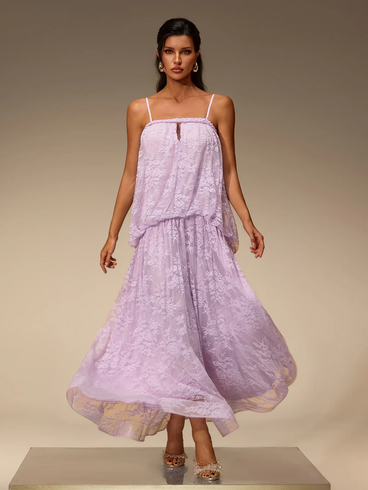 Zelvon Spaghetti Lace Maxi Dress