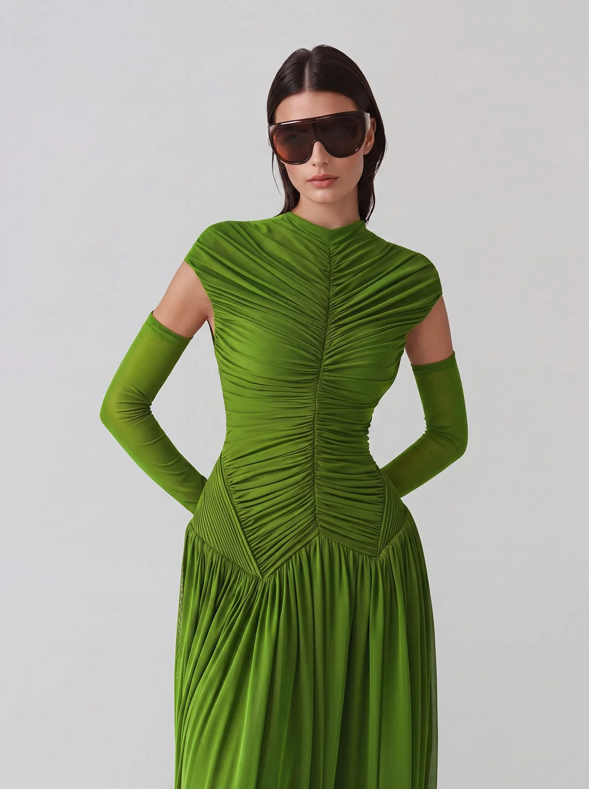Zevionx Sleeveless Ruched Maxi Dress In Green - Image 5