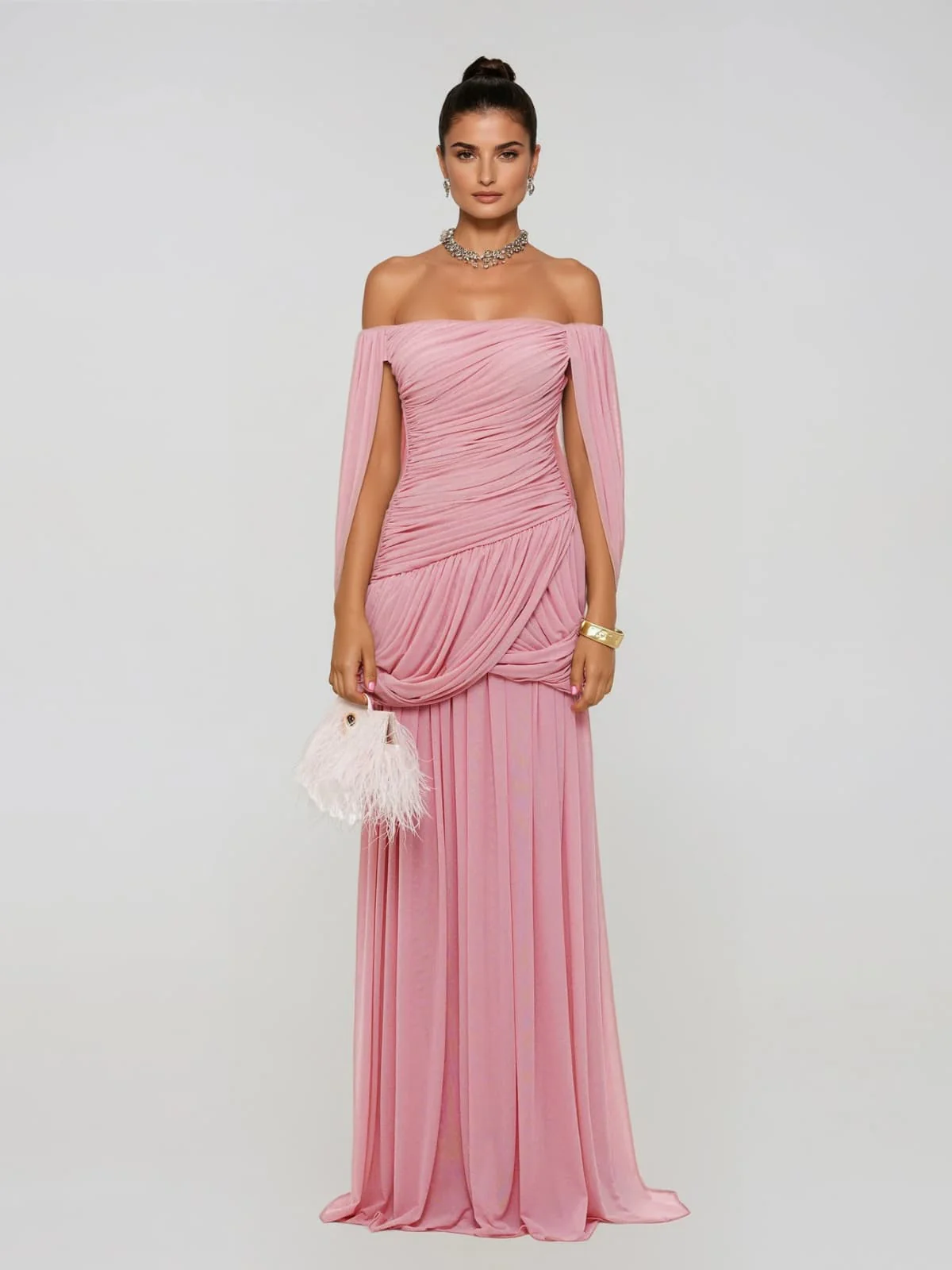 Zoryrin Off Shoulder Mesh Ruched Maxi Dress
