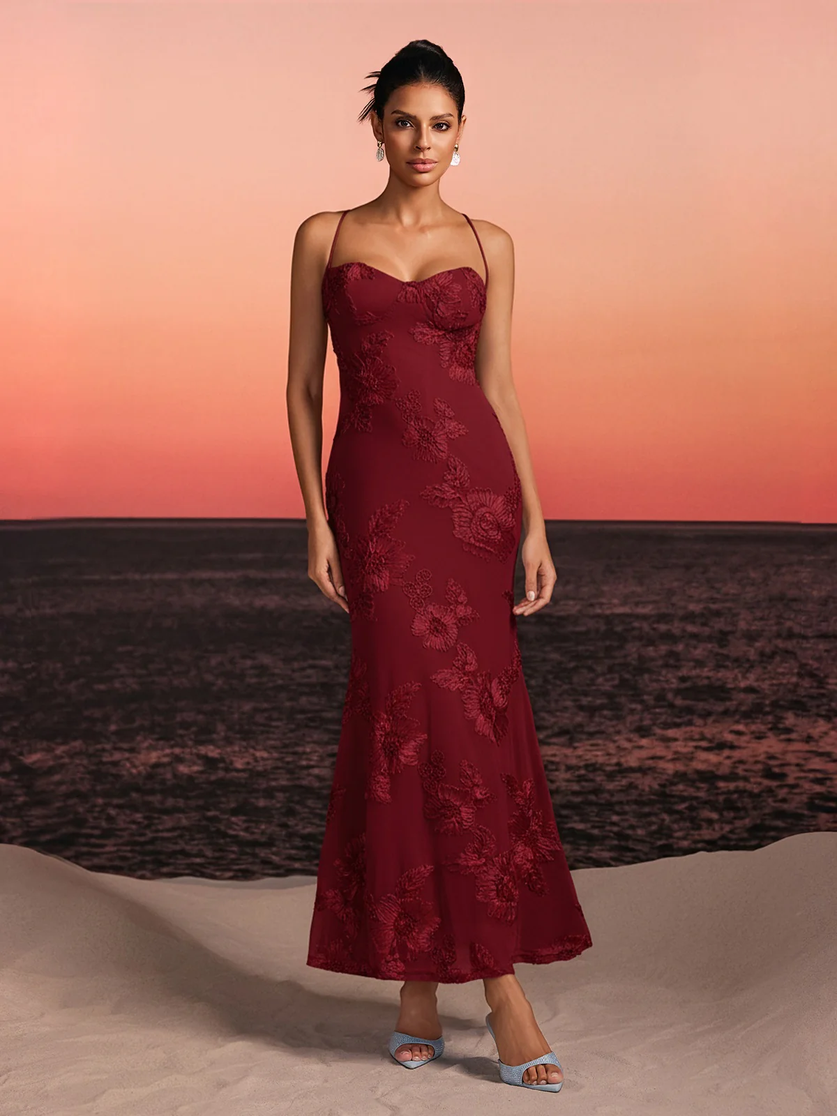 Zryne Spaghetti Embroidered Flower Maxi Dress In Wine