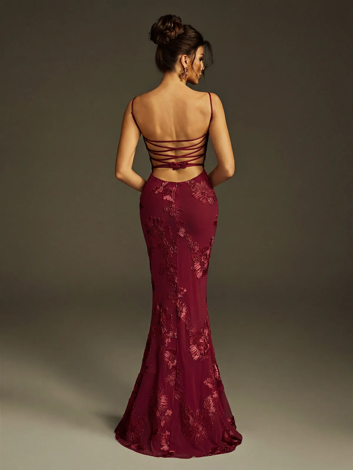 Zryne Spaghetti Embroidered Flower Maxi Dress In Wine - Image 10